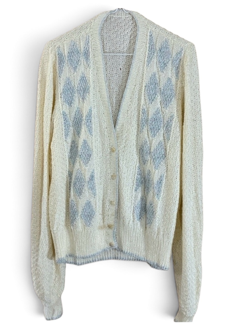 Handmade Vintage Cream and Blue Sparkle Pearl Button Down Cardigan